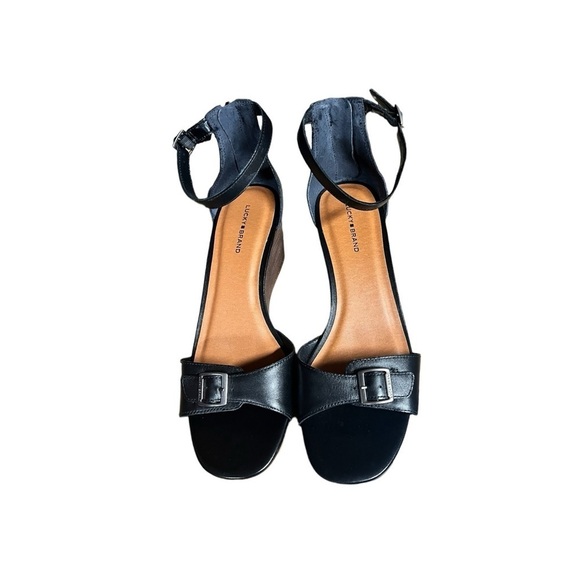 🌻NEW LUCKY BRAND Women's Jodella Black Leather Wedge Sandals Size 10 - Picture 9 of 14